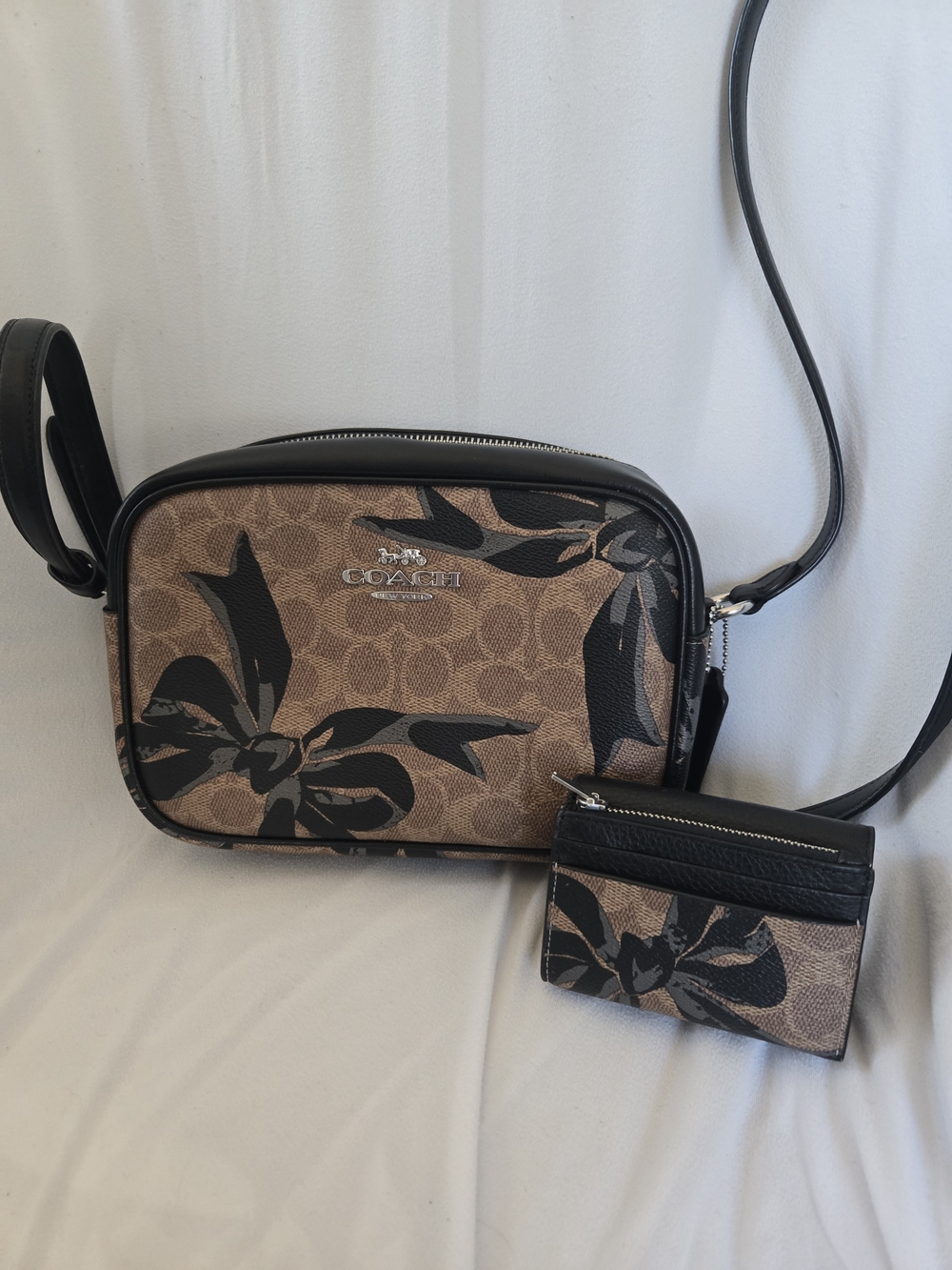 Coach Brown Signature Black Bow Camera Crossbody with Matching Wallet